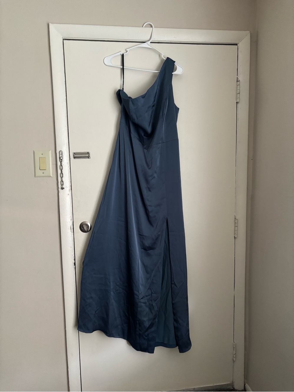 Birdy Grey Slate Blue One-Shoulder Satin Gown